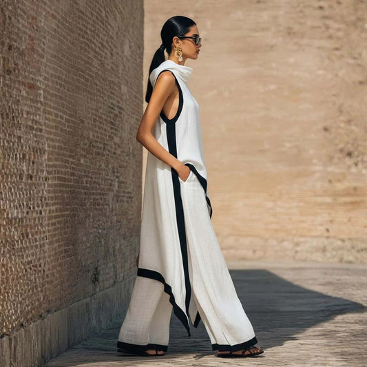 Vestido Tanger con cuello drapeado y pantalon fluido blanco